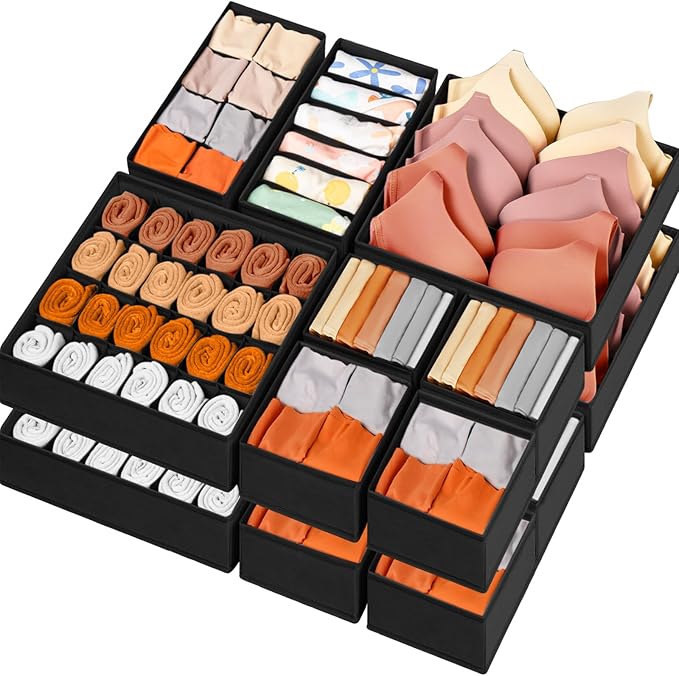 Drawer Organizer Clothes, 16 Pack Dresser Organizer Bins for Baby Clothes, Underwear Sock, Fabric Closet Organization and Storage Dividers for Nursery Bedroom (96 Compartments, Black)