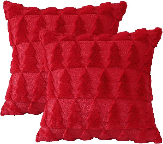 OTOSTAR Set of 2 Xmas Soft Plush Short Wool Velvet Decorative Throw Pillow Covers Square Luxury Style Cushion Case Pillow Shell for Sofa Bedroom Christmas Tree Red, 28x28 Inch