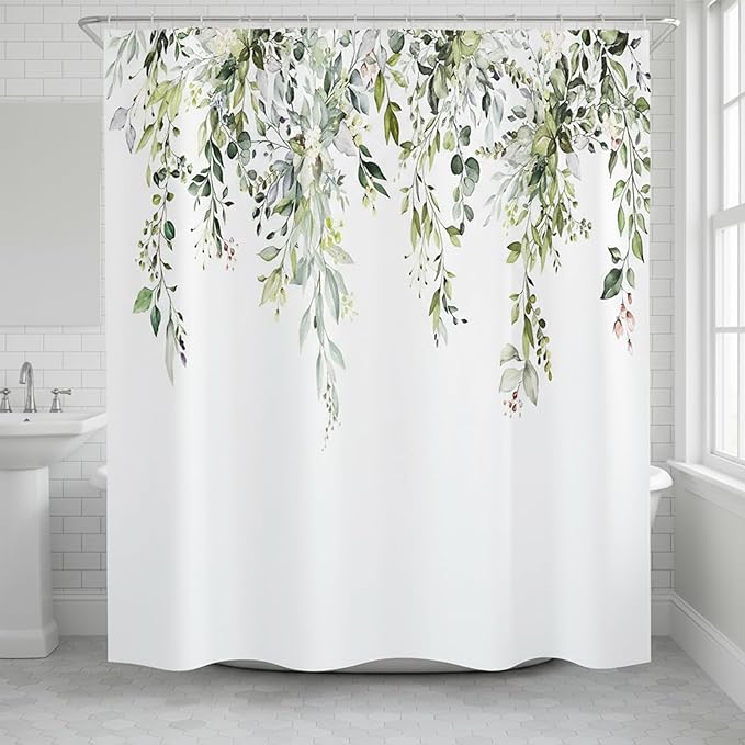 Sage Green Eucalyptus Shower Curtain Watercolor Plant Green Leaves Shower Curtains for Bathroom Waterproof Polyester Fabric Bath Curtain 72 x 72 Inch with 12 Hooks
