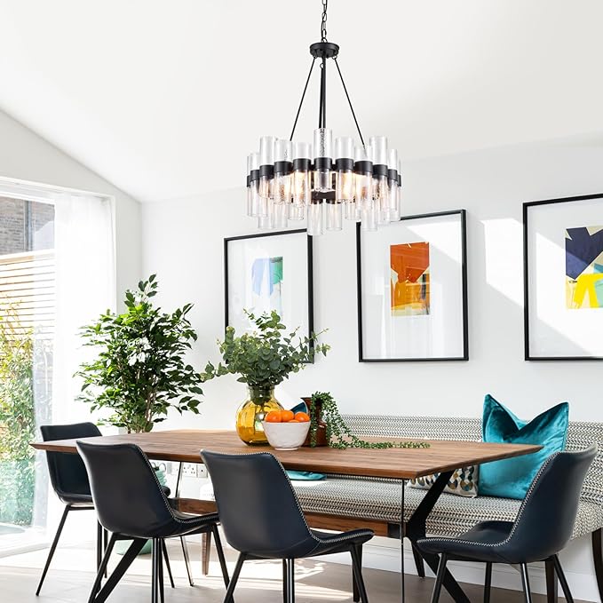 Dia 24 Inch Black Modern Chandelier for Dining Room, Glass Chandeliers for Bedroom, 4-Light Rustic Chandeliers, Large Pendant Light for Living Room Foyer Entryway