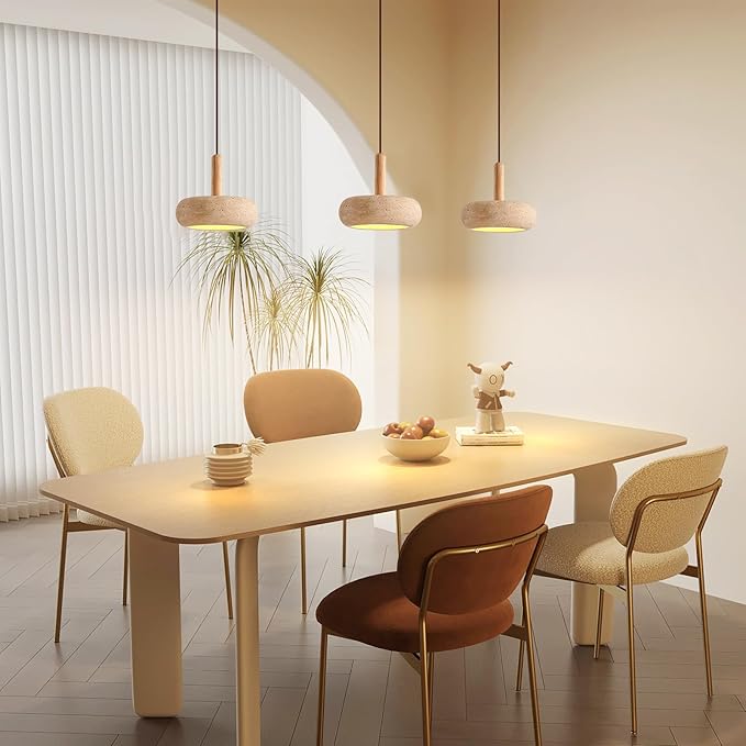 Wabi Sabi Pendant Light Natural Stone Shade Nordic Wood Chandelier,Yellow Travertine Cave Lamp, Japanese Style Lights 15W,Natural Stone Lights for Dining Room Bedside Kitchen Island Hallway