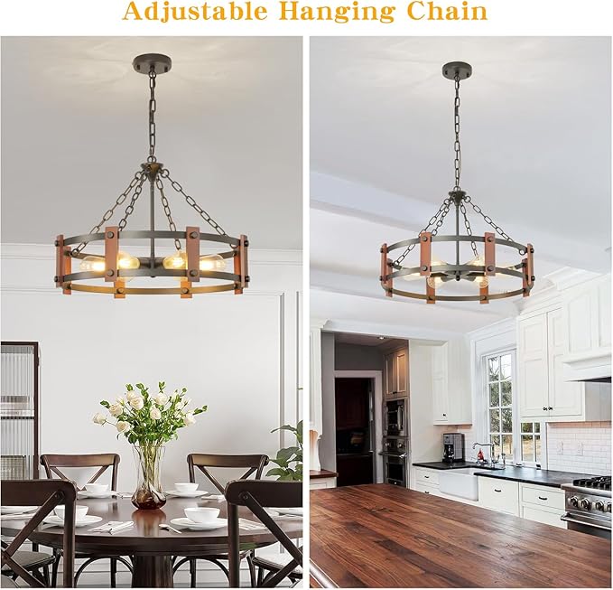 Farmhouse Wood Chandelier,23 Inch Black Modern Rustic Vintage Hanging Pendant Ceiling Light Fixture for Dining Room Bedroom Kitchen Island Hallway Foyer Entryway（6 Light