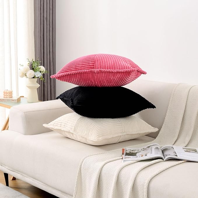 HAUSSY Dark Grey Throw Pillow Covers 12x12 Inch Set of 2,Soft Solid Corduroy Striped/Wide Bordered,Square Decorative Cushion Case,Winter Home Decorations for Couch,Bed