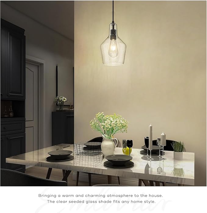 Emliviar 1-Light Hanging Light Fixture, Modern Kitchen Island Pendant Light with Clear Seeded Glass, Black Finish, DYE286G2-MIL BK