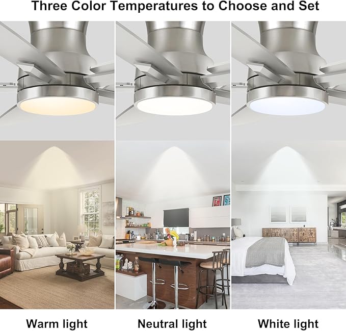 YUHAO 52 Inch Flush Mount Brushed Nickel Ceiling Fan with Light and Remote Control.Noiseless,Dimmable,3CCT,6 Speeds Reversible, Low Profile DC Ceiling Fans for Indoor Use