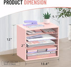5-Tier Wood Desk Organizer, Paper Tray Organizer for Desk with Adjustable Storage Shelves, Desktop Paper Sorter Mail Holder for Office Home Classroom, Pink