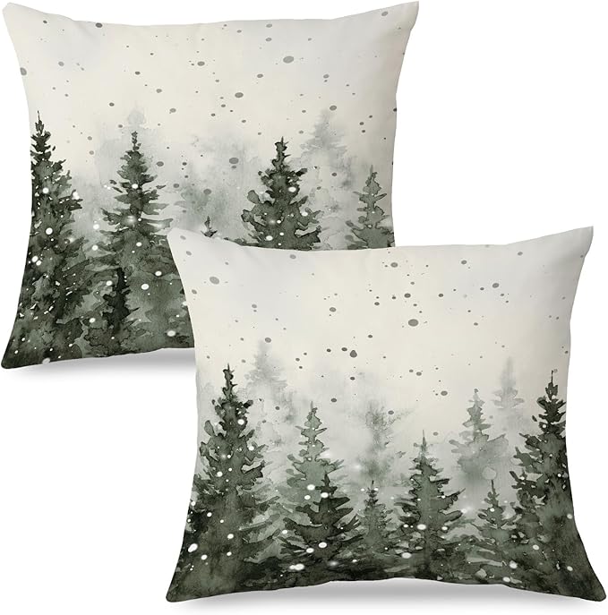 JINYO Rustic Christmas Tree Winter Pillow Covers 18x18, Farmhouse Christmas Decor, Rustic Xmas Winter Forest Nature Snowflake Throw Pillow Covers for Home Living Room Bedroom Set of 2