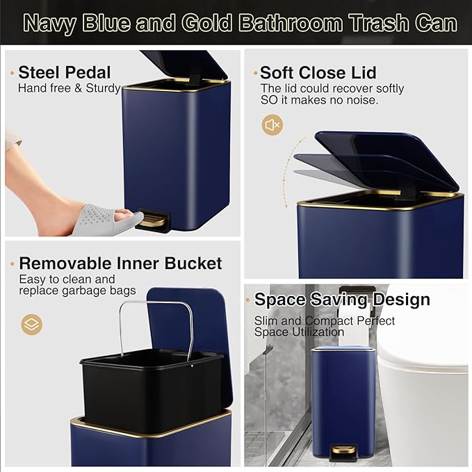 Bathroom Sets with Shower Curtain and Rugs Bathroom Accessories Set Navy Blue Bathroom Set,Soap Dispenser & Toilet Brush Holder Set with Stainless Steel Trash Can