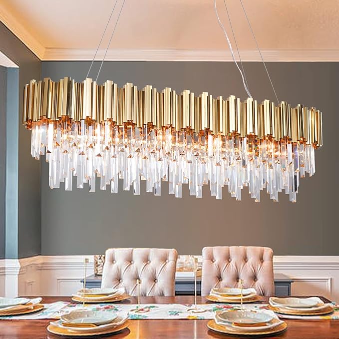 L43.3 Modern Rectangle Crystal Chandelier Gold Linear Pendant Ceiling Light Fixture for Dining Room Contemporary Oval Raindrop Chandeliers Lighting for Kitchen Island 13-Light