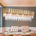 L43.3 Modern Rectangle Crystal Chandelier Gold Linear Pendant Ceiling Light Fixture for Dining Room Contemporary Oval Raindrop Chandeliers Lighting for Kitchen Island 13-Light