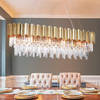 L43.3 Modern Rectangle Crystal Chandelier Gold Linear Pendant Ceiling Light Fixture for Dining Room Contemporary Oval Raindrop Chandeliers Lighting for Kitchen Island 13-Light