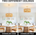 5-Light 19.6'' Convertible Rattan Chandelier - Flush Mount/Pendant Farmhouse Ceiling Light for Dining Room, Adjustable Chain & Dimmable Design