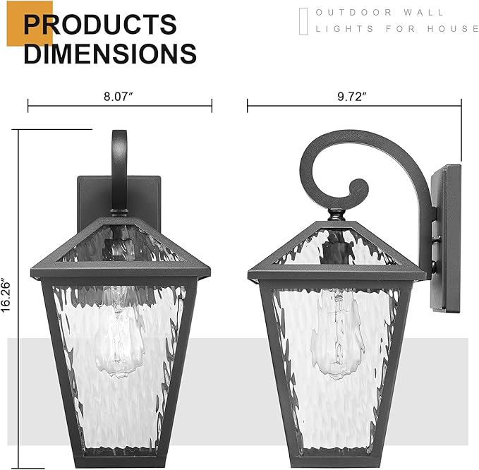 Outdoor Lights Fixtures Wall Mount, Outdoor Wall Lantern with Water Ripple Glass, Waterproof Outside Exterior Wall Sconce Lights Fixture for House, Front Porch, Patio, Large, Matte Black