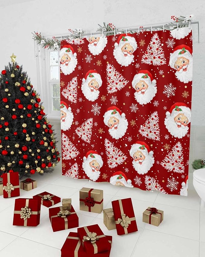 Red Christmas Shower Curtain, Santa Claus Merry Christmas Tree Shower Curtains Set with Hooks, Winter Snowflake Waterproof Fabric Bathroom Curtains Decor Home Accessories, Stall Long 36 X 78 Inch