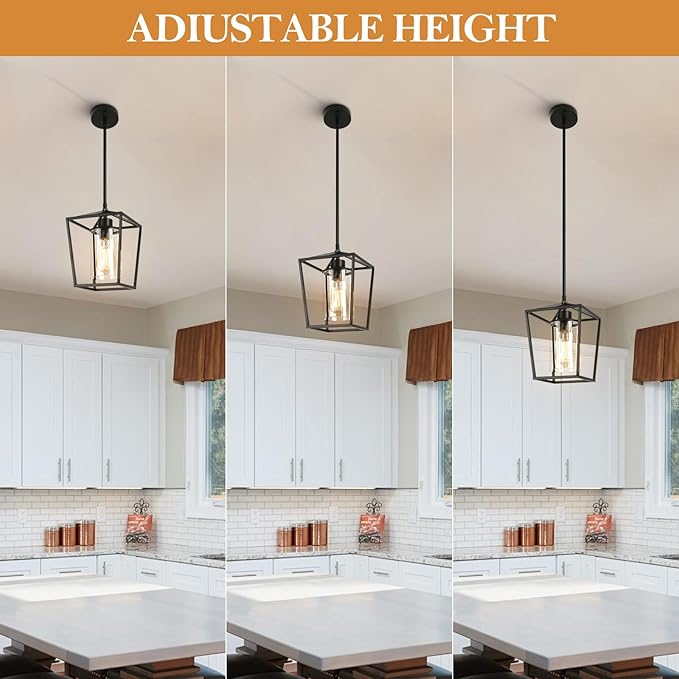 2 Pack Black Pendant Light Fixture 1-Light Farmhouse Pendant Lights Kitchen Island Lantern Iron Cage Hanging Lights with Clear Glass Shade for Entryway Dining Room Hallway Porch