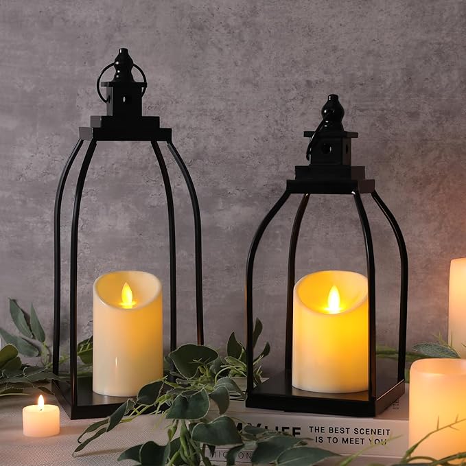 DARJEN Modern Farmhouse Lantern Decor Outdoor & Indoor- 15'' 12'' Black Metal Candle Lanterns for Christmas, Lanterns Decorative with 2 Flameless Candles for Living Room, Home, Table Centerpiece Decor