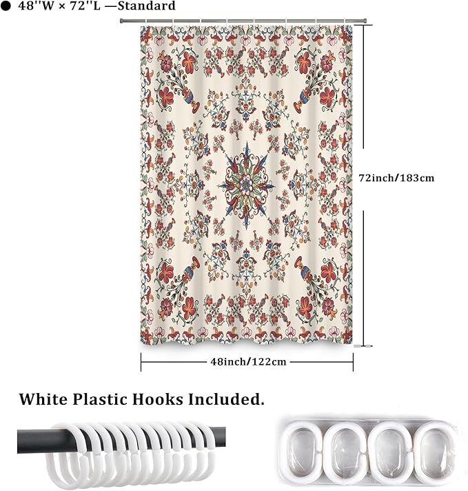 Boho Shower Curtain Floral Pattern Fabric Curtain for Bathroom Plant Theme Religion Floral Shower Curtain Sets Waterproof Decor 48x72Inch
