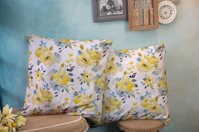 CAPSCEOLL 2PCS Yellow Flower Square Pillow Covers 16X16Inch Blue Autumn Botanical Black Blossom Bouquet Petal Romantic White Zipper Pillow Cases for Bedroom Sofa Living Room Holiday Pillow Covers