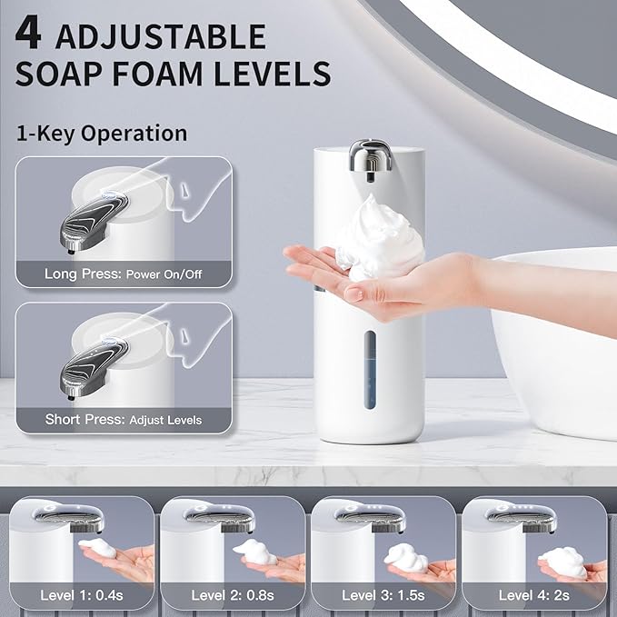 Automatic Foam Soap Dispenser 400ML, Rechargeable Liquid Hand Soap Dispensers Touchless with 4 Adjustable Levels, Motion Sensor Waterproof Wall Mount Foaming Soap Dispenser for Bathroom