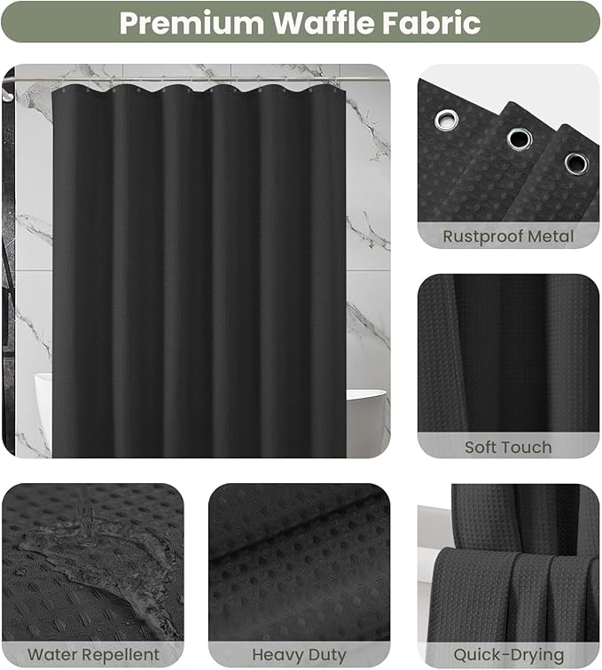 Inhousolu Fabric Shower Curtain Waffle Weave, 230 GSM Heavy Duty, Weighted Hem, 12 Metal Hooks, Water Repellent, Machine Washable, Hotel Spa Luxury Bath Curtain Set, 60 x 72 Inch, Black