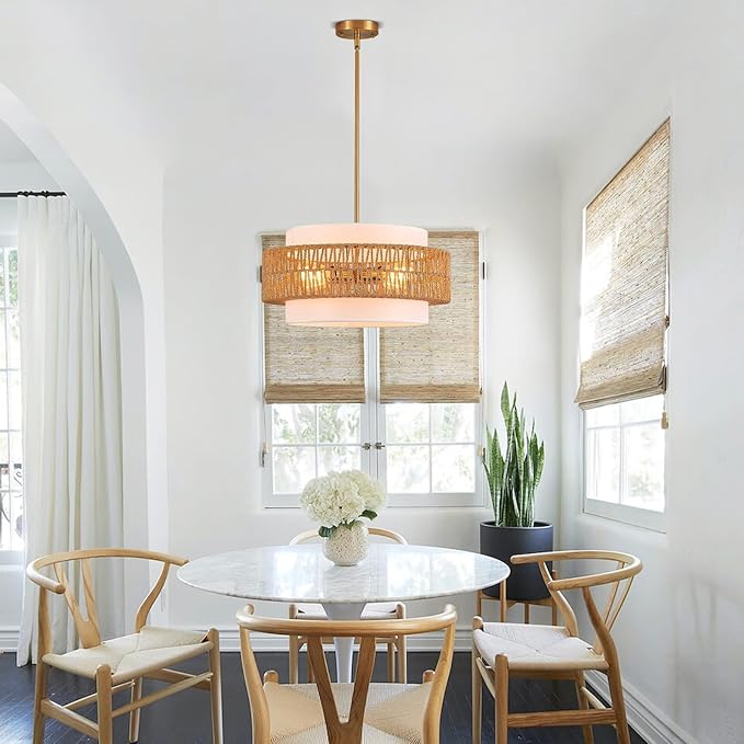 19.7" Rattan Chandelier with Linen Vintage Farmhouse Boho Hand Woven Bamboo Chandelier Light Fixture Modern Drum Wicker Rattan Gold Chandeliers for Dining Room, Kitchen, Living Room,Foyer