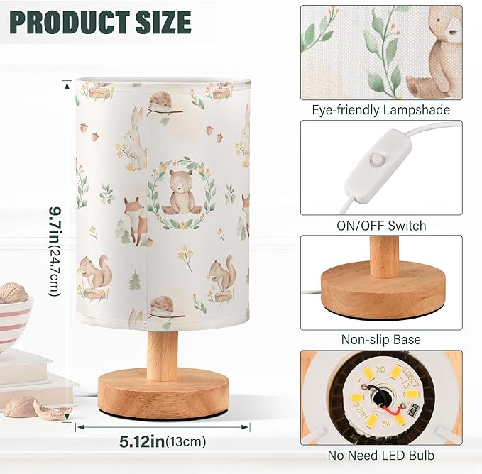 Table Lamp Woodland Animal Fox Bear Squirrel Rabbit Hedgehog Floral Branch Nightstand Lamp with Wood Base Fabric Lamp Shade Bedside Desk Lamp for Living Room Bedroom Kids Room Office