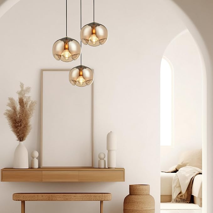 Modern Globe Pendant Light, 9"x7.5" Amber Gradient Glass Hanging Fixture with Gold Base, 15"-72" Adjustable Line, E26 Socket for Living Room, Dining Area, or Entryway – Warm Taupe Globe