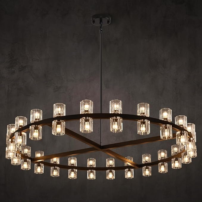 Modern 48 inch Black Round Chandeliers Light Fixture, Crystal Chandeliers for Dining Room, Living Room Chandelier, Wagon Wheel Chandelier Over Table, Suitable for Bedroom,Foyer,Includes Bulb