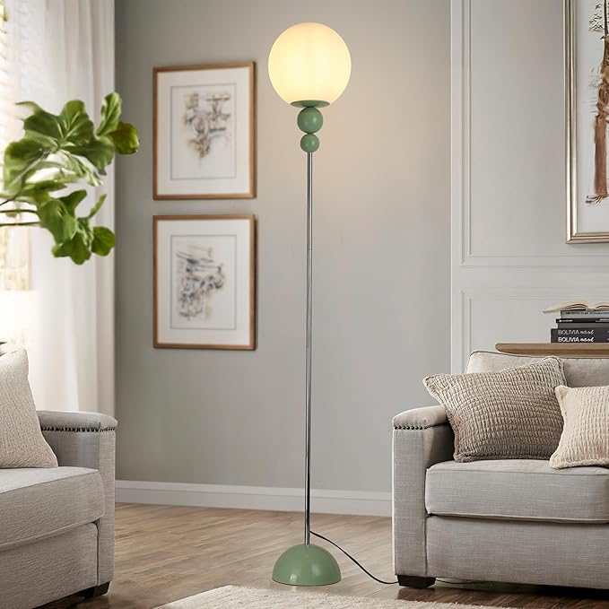 Modern Glass Floor Lamp for Bedroom, 63'' Vintage Mid-Century Floor Lamp with Milky White Frosted Glass Globe Shade for Living Room Corner, Slim Standing Reading Lamp for Office Decor (Pastel Green)