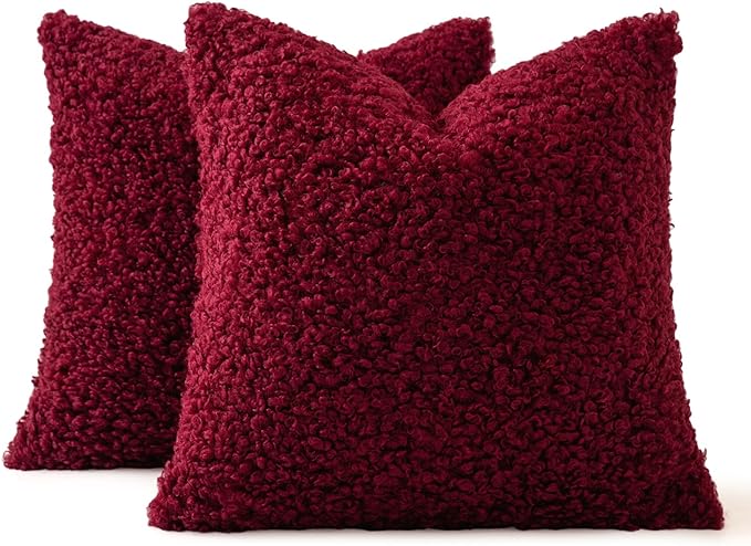MIULEE Pack of 2 Red Faux Fur Christmas Throw Pillow Covers 18x18 Inch Boucle Decorative Sherpa Pillow Covers Fuzzy Accent Soft Sheepskin Fleece for Boho Home Decor Sofa Living Room Couch Bed