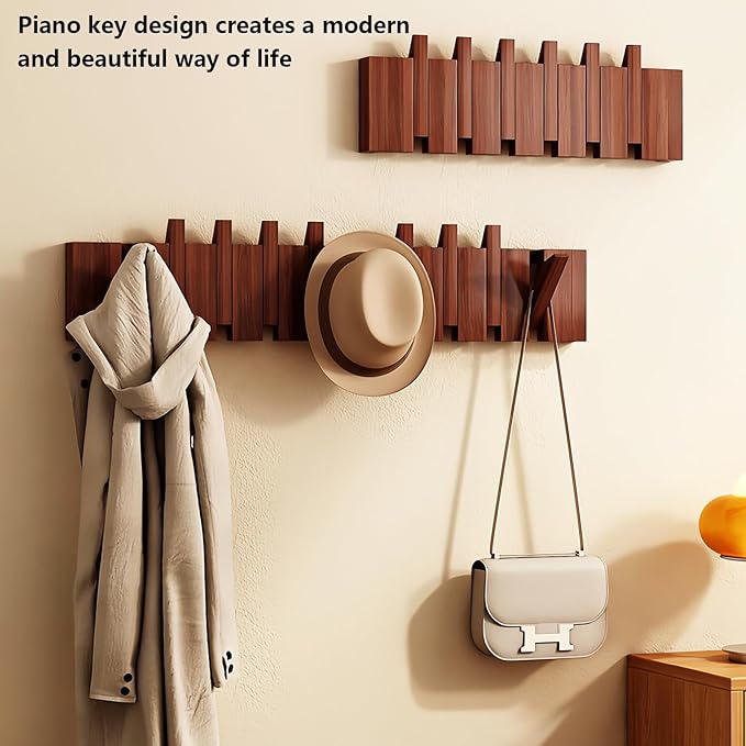 Wall Mounted Piano Key Hanger | Flip Style Hook | Entrance Wall Art Hook, Made of Oak Wood (3 Times Painted, 4 Times Polished) (Walnut, 12Hooks)