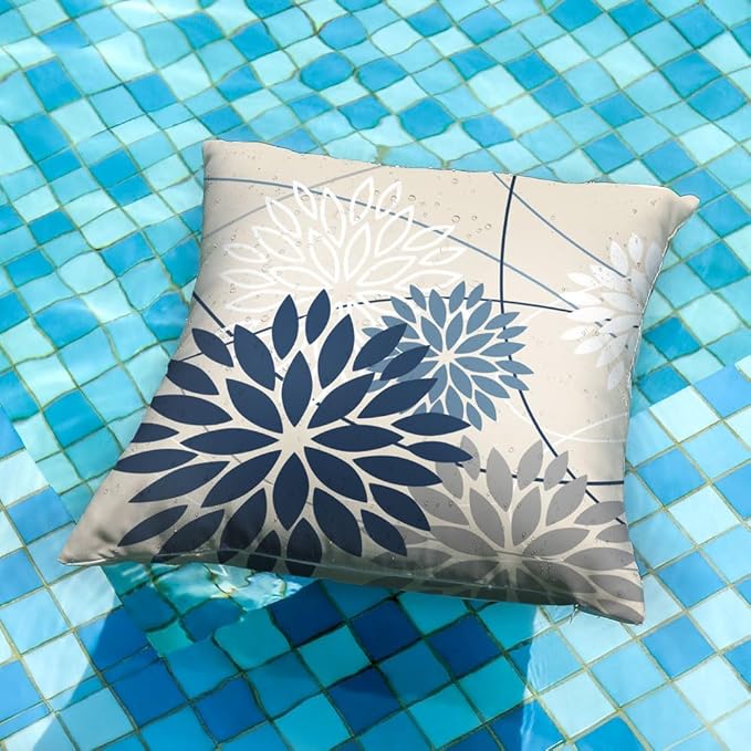 Blue and Gray Floral Pillow Covers 20x20 Set of 2 Outdoor Waterproof White Colored Decorative Throw Pillows Summer Pillowcase Polyester Cushion Case Decor for Couch Patio Funiture Garden Porch 01B20