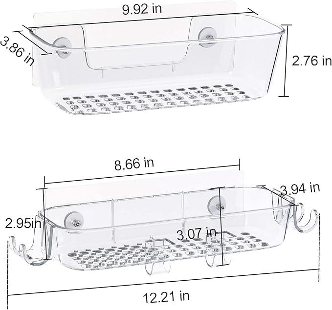 TZAMLI Shower Caddy, Adhesive Shower Organizer Rustproof Shelf with Razor Holder and Hook, Wall Mounted Shelves Rack for Bathroom Kitchen Storage (Clear, 2 Pack)