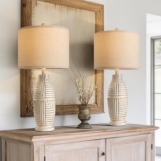 BOBOMOMO 25" Farmhouse Table Lamp Set of 2 Vintage Rustic Lamps for Living Room, Resin Bedside Nightstand Lamps with Linen Lampshades, Retro Lamp for Living Room, Bedroom, Dining Room, Home Decor