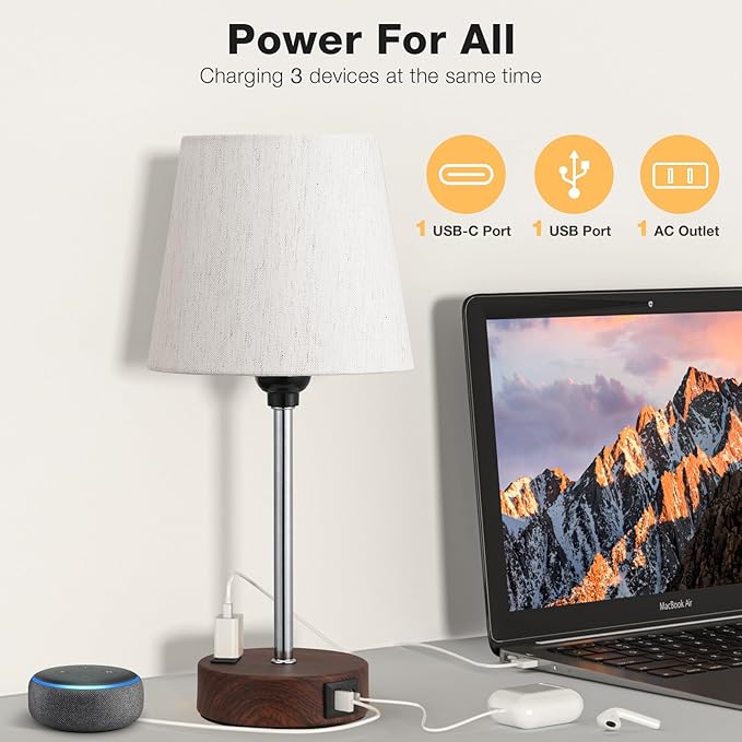 Reddish Brown Bedside Lamps Set of 2 - Nightstand Bedroom Lamp with USB C Port and AC Outlet Charging, 3 Way Dimmable Touch Control Small Bed Side Table Lamp, Nightstand Light