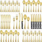 48 Pcs Gold Silverware Set with Steak Knives, Stainless Steel Flatware Cutlery Set Service for 8, Kitchen Tableware Sets, Utensil Sets for Home and Restaurant, Knives Forks Spoon, Dishwasher Safe