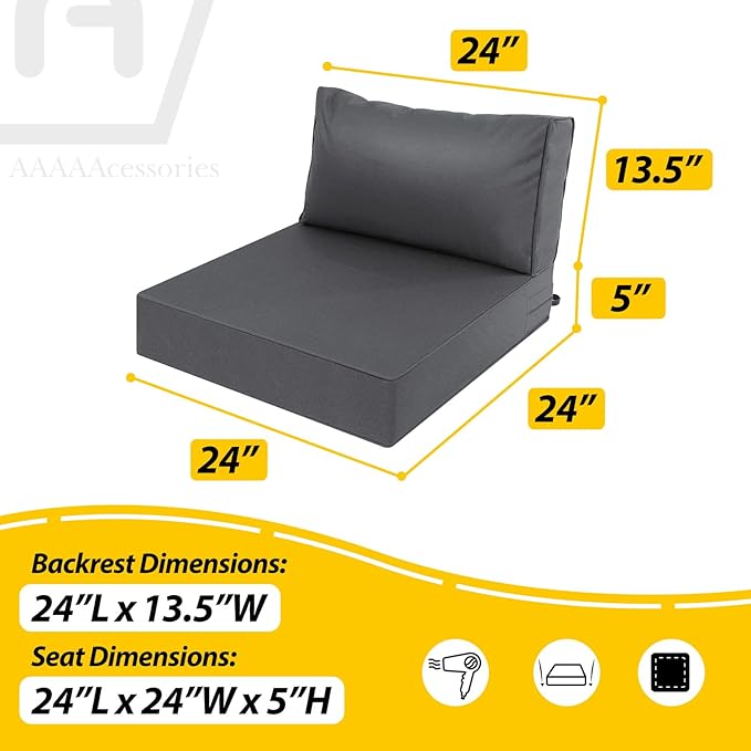 AAAAAcessories Outdoor Deep Seat Cushions, Waterproof, Fade-Resistant Patio Furniture Replacement Cushions, 24" x 24" x 5" + 24" x 13.5", Set of 2, Dark Gray