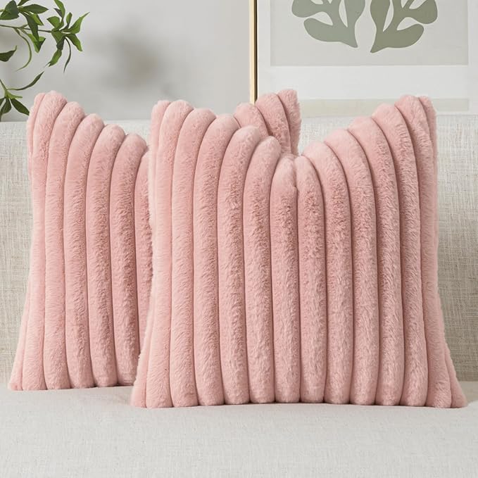 MIULEE Faux Fur Decorative Throw Pillow Covers 18x18 Inch Set of 2, Modern Spring Home Decor Soft Plush Couch Pillows Cozy Fluffy Cushion Covers for Sofa Bed Blush Pink