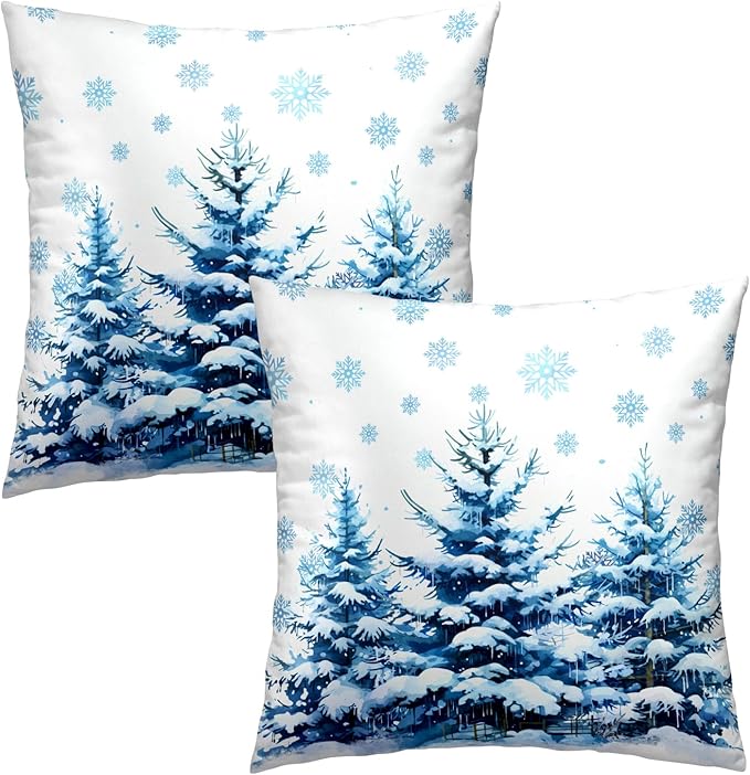 Snow Forest Pillow Covers Set of 2, Blue Snowflake Pine Trees Square Decorative Cushion Cover Soft Cotton Pillows Case White 18x18 Inch for Couch Bed Sofa