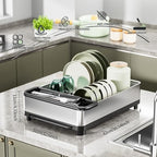 Dish Drying Rack, 304 Stainless Steel Dish Racks for Kitchen Counter, Dish Drainers with Automatic Drainage, Utensil Holder & Cups Holder, Space Saving Kitchen Organizer (1-Tier Silver)