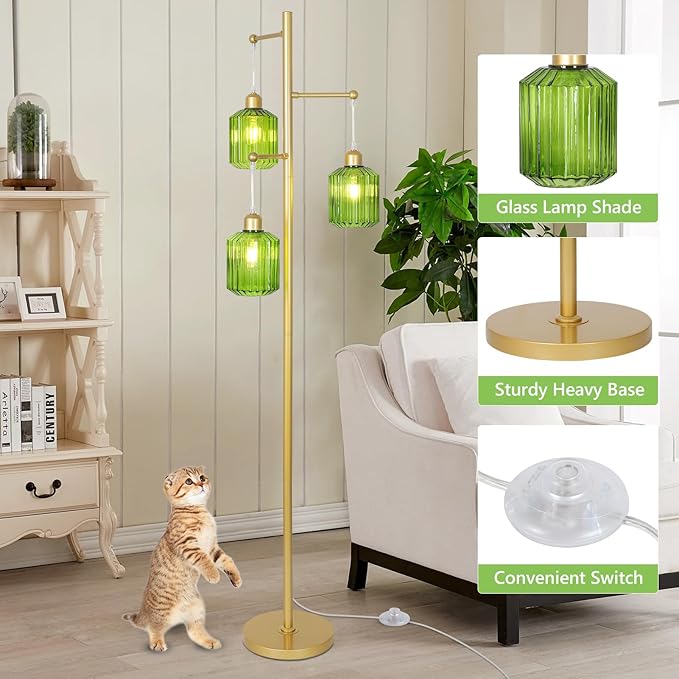 Glass Floor Lamp for Living Room,3-Light Gold Boho Flower Floor Lamp for Bedroom,Farmhouse Standing Lamp Tree Floor Lamps Vintage Retro Brass Tall Lamps for Bedroom,Office,Corner(LED Bulbs Included)