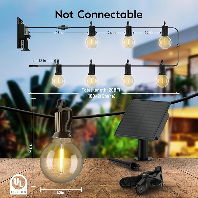 Minetom Solar Outdoor Lights - 208 FT Solar String Lights with 100 G40 Shatterproof Globe Bulbs Commercial Waterproof LED Bulbs for Outside Backyard Garden Decor