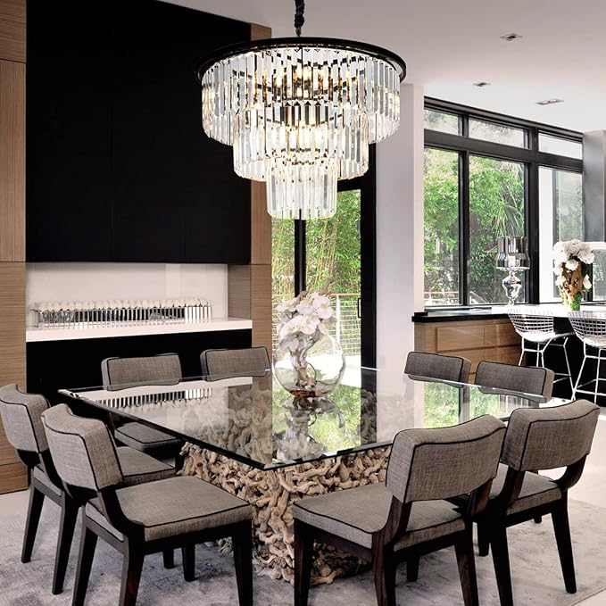 12 Lights 23.64" Black Modern Crystal Chandelier Crystal Pendant Ceiling Light Fixture 3-Tier Hanging Lighting for Dinning Room Bedroom Living Room Foyer