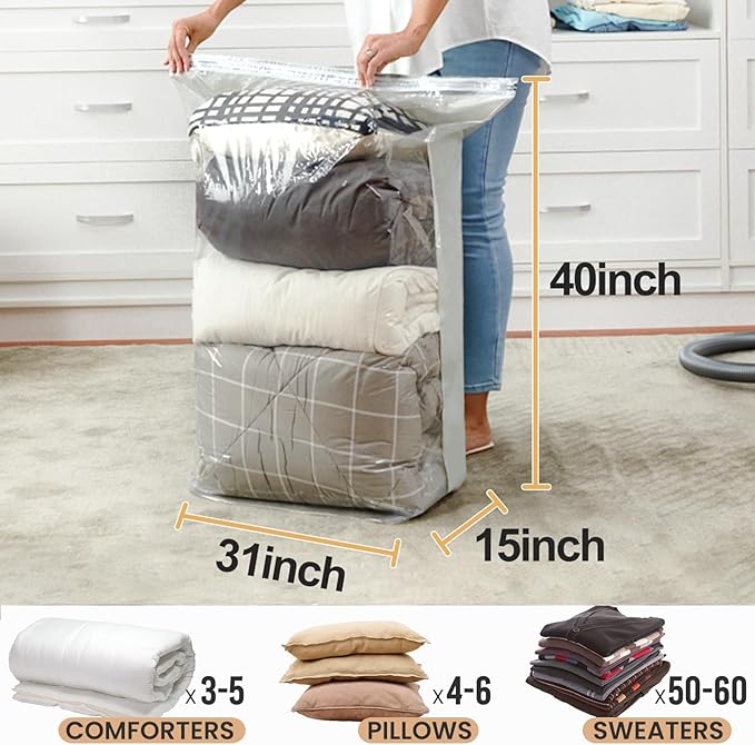 TAILI 10 Pack Vacuum Storage Bags, Space Saver Bags, Jumbo Cube 31x40x15 Inch, Extra Large Vacuum Sealed Bags for Comforters, Blankets, Bedding, Clothes, Closet Organization Space Saving, Cream