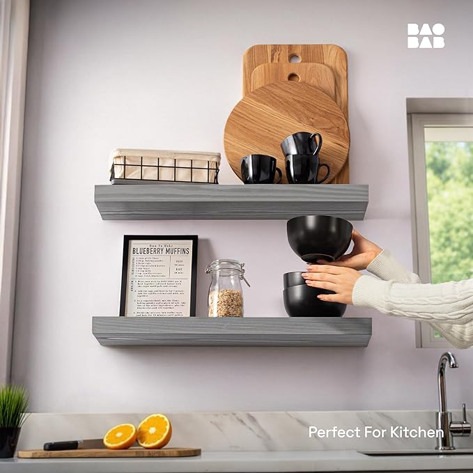 BAOBAB WORKSHOP Wood Floating Shelves for Wall - Rustic Shelf 24 inch - Grey Bathroom Shelves - Solid Wood Shelves for Wall for Bedroom Kitchen Living Room - Gray Finish - 24 x 6.7 Inch, Set of 2
