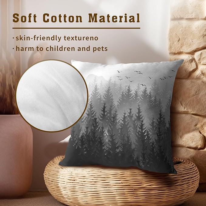 Gray White Forest Pillow Covers 16x16 Inch Set of 2, Black Grey Trees and Mountain Square Throw Pillow Case Decorative Cushion Cover Soft Cotton Pillowcase for Home Couch Bed Sofa