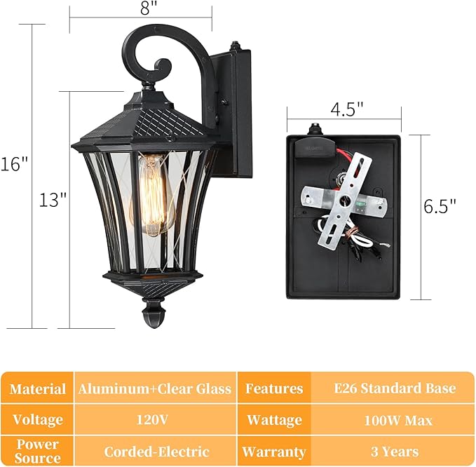 YSN 2 Pack Dusk to Dawn Outdoor Light Fixture Wall Mount Porch Lights Weather Resistant Exterior Sconce Light, Waterproof Wall Lantern for Porch, Garage, Backyard, Walkway, E26 Socket, Black