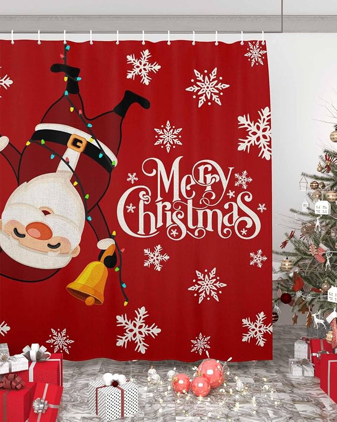 Red Merry Christmas Shower Curtain, Funny Hanging Santa Shower Curtains Set with Hooks, Snow Winter Holiday Waterproof Fabric Bathroom Curtains Decor Home Accessories, Stall Long 54 X 78 Inch