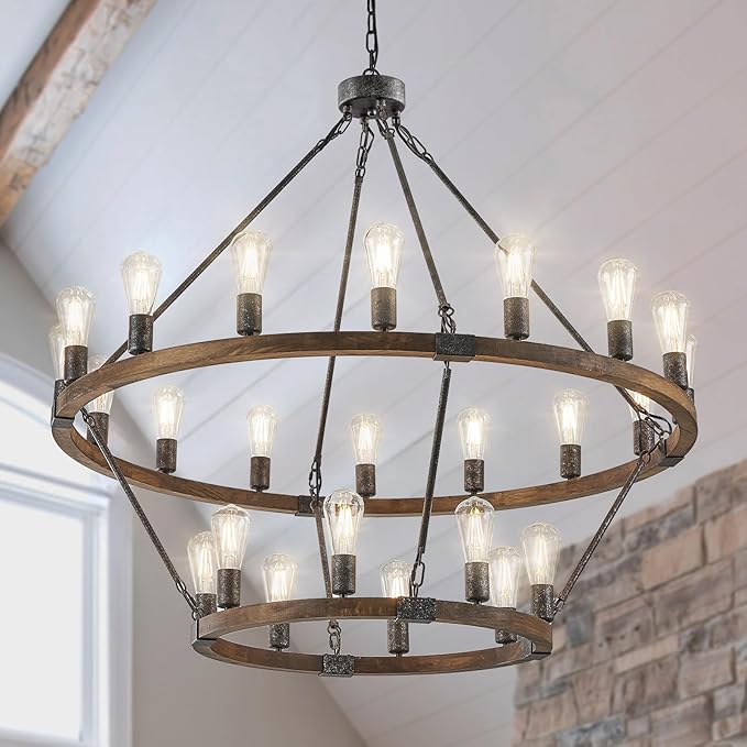 2 Tier Wagon Wheel Chandelier Large Wooden Farmhouse Pendant Light Fixture 24-Light 43" Rustic Round Chandeliers for Foyer Living Room Entryway
