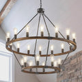 2 Tier Wagon Wheel Chandelier Large Wooden Farmhouse Pendant Light Fixture 24-Light 43" Rustic Round Chandeliers for Foyer Living Room Entryway